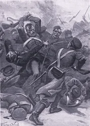 Inkerman: The 55th (2nd Border) Regiment szarżujący na Rosjan, ilustracja z brytyjskich bitew lądowych i morskich, 1915