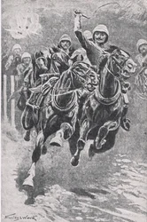 Porucznik Maclaine sprowadza działa pod Maiwand, 17 lipca 1880, ilustracja z „British Battles on Land and Sea”, 1915