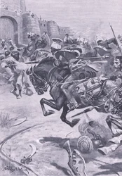 16. Pułk Ułanów i Skórników, wjeżdżający Jats do Bharatpur; grudzień 1825, ilustracja z brytyjskich bitew na lądzie i morzu, 1915