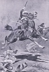 9th Lancers at Delhi, 1857, ilustracja z brytyjskich bitew na lądzie i morzu, 1915