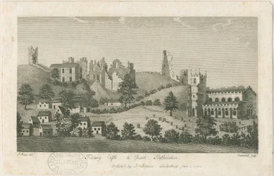 Zamek i kościół Tutbury - widok południowo-wschodni: grawerowanie, nd [1762-1792] (druk)