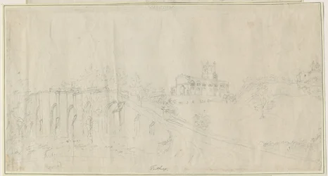 Tutbury Church and Castle - North East View: rysunek ołówkiem, bd [1762-1802] (rysunek)