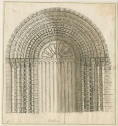 Tutbury Priory Church - Arch in West Door: rysunek piórem i sepia, nd [1762-1802] (druk)