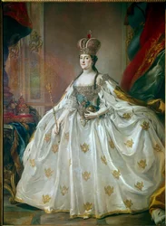 Portret rosyjskiej cesarzowej Katarzyny II Wielkiej (1729-1796) w sukni koronacyjnej. Obraz Stefana Torellego (1712-1784), XVIII wiek, Ermitaż, Petersburg