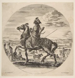 Mauretański jeździec zwrócony w lewo, stojący i siedzący Turcy na drugim planie, jeden..., ok. 1651.