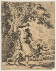 Nimfa trzymająca za obrożę dużego psa, ca. 1654.