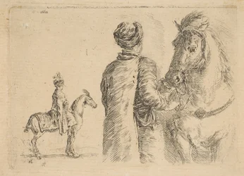 Polski luzak od tyłu trzymający konia za uzdę ok. godz. 1662.