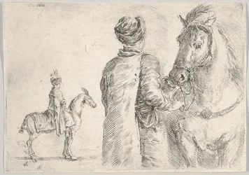 Polski lokaj, widziany z tyłu, trzymający uzdę konia w prawo, polski hor..., ca. 1662.
