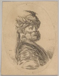 Turek z brodą i turbanem z jednym długim piórem z przodu, skończył trzy czwarte..., 1650.