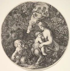 Satyrka karmiąca piersią dziecko w prawo, zwrócona w lewo, satyrskie dziecko..., 1639.