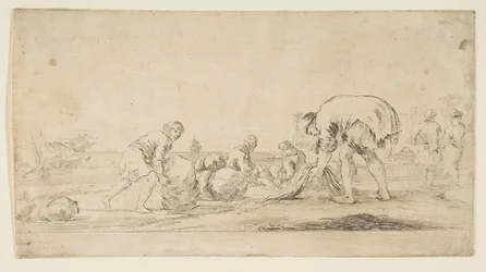 Rybak przynoszący sieci, mężczyzna z lewej przepychający belę w prawo, dwa miejsca..., ca. 1662.