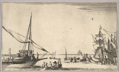 Galera przybywająca do portu po lewej, kilka łodzi wiosłowych pośrodku, statki w lewym dolnym rogu, od..., 1639.