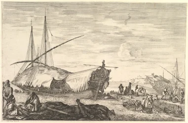 Po lewej kuchnia zakryta żaglami, na przedpolu sześć armat i cztery osoby..., ok. godz. 1652-57.