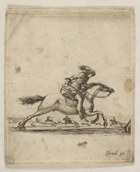 Jeździec z mieczem w ręku galopuje w prawo, inni jeźdźcy galopują..., ok. godz. 1645-46.