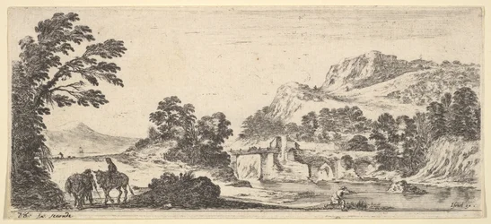 Muł niosący kobietę i chłop idący z mułem w lewo, rybak w prawo..., ok. godz. 1641.
