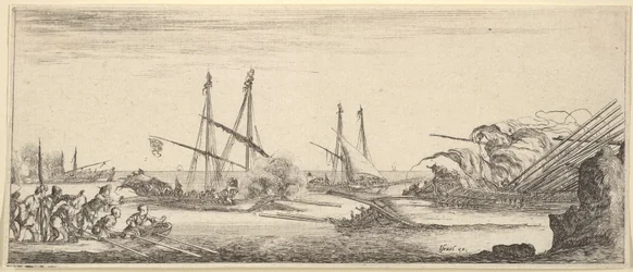 Bitwa morska, łódź wiosłowa pełna ludzi po lewej, tonący statek po prawej, dwie galery ba..., ca. 1641.