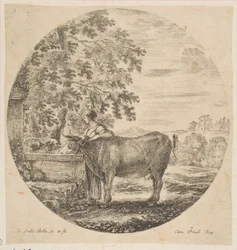 Chłopka z krową przy fontannie ozdobionej herbami Medyceuszy, z Six an..., ca. 1646.