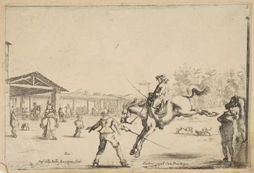Ujeżdżalnia, jeździec ze skokami na miecze kierowany przez innego mężczyznę z mieczem w..., ca. 1645.