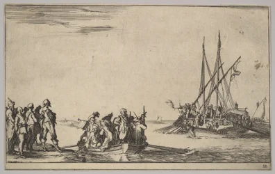 Łódź wiosłowa pełna mężczyzn w środku, grupa mężczyzn stojących na brzegu po lewej, statek pełen…, 1639.
