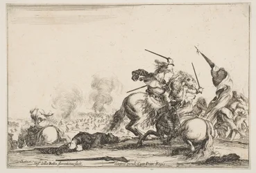 Potyczka, dwóch jeźdźców walczących na miecze w prawo, ludzie niosący flagę w biegu..., ca. 1645.