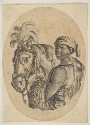Czarnoskóry niewolnik niesie skórę lamparta i trzyma uzdę konia, z Kilka głów ..., 1649-50