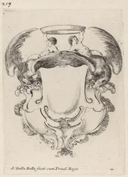 Kartusz z orłami i dwojgiem niemowląt trzymających koronę, 1647.