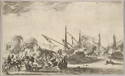 Walka między kilkoma łodziami wiosłowymi i statkami, dwie grupy mężczyzn w łodziach wiosłowych walczące w lewo..., 1639.