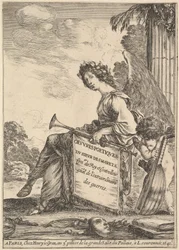 Frontyspis do wierszy Desmarets Oeuvres poétiques de Desmarets: uskrzydlona kobieta rep..., 1641.