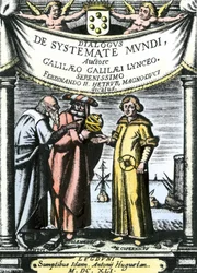 Frontispis do "Dialogo sopra i due massimi sistemi del mondo" autorstwa Galileusza, opublikowanego w 1632 r. (rycina)