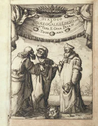 Galileusz (po lewej) rozmawiający z Ptolemeuszem (w środku) i Kopernikiem, ilustrowany frontyspis z Dialogo sopra i due Massimi Sistemi del Mondo, Tolemaico e Copernicano (Dialog dotyczący dwóch głównych systemów światowych, ptolemejskiego i kopernikańskie