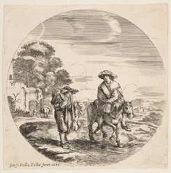 Pejzaż z dwoma chłopami, jeden na koniu, z Pejzaży i portów morskich Paysages ..., 1656.