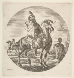 Mauryjski jeździec z profilu zwrócony w prawo, po prawej czarny niewolnik trzymający futro, inny..., ok. 1651.