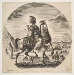 Mauryjski jeździec z profilu zwrócony w prawo, w tle po lewej piramida, wiele po..., ok. 1651.