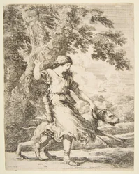 Nimfa trzymająca dużego psa za obrożę, ca. 1654.