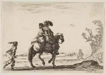 Tablica 10: jeździec i kobieta widziane z tyłu, jadące w prawo z młodym…, 1642.