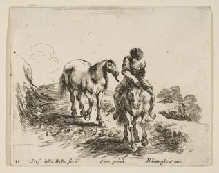 Ilustracja 11: młody jeździec, widziany z przodu, prowadzący drugiego konia, z Diver..., ca. 1644-47.