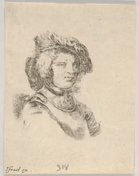 Tablica 11: popiersie mężczyzny w czapce i patrzącego w prawo, z pozycji Różne głowy a..., 1650.