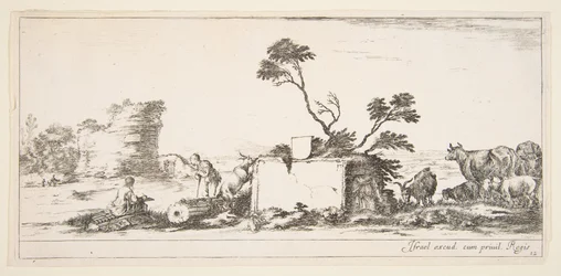 Ilustracja 12: po lewej siedzący kreślarz, obok po prawej stojący pasterz, ruina..., ca. 1641.