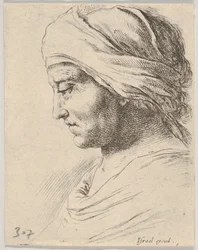 Ilustracja 16: głowa starca z profilu z chustą przewiązaną wokół głowy, z B..., ca. 1649.