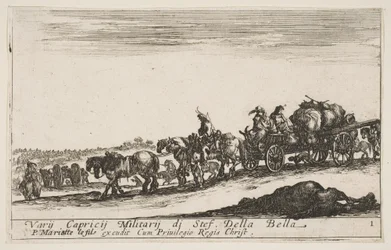 Ilustracja 1: Wóz konny wiozący ludzi i towary, na pierwszym planie martwy koń, k..., ok. godz. 1641.