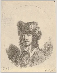 Ilustracja 2: głowa mężczyzny z wąsami i futrzaną czapką w lewo, kompozycja owalna, z..., 1650.
