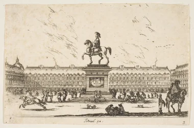 Płyta 3: La Place Royale, konny posąg Ludwika XIII z profilu zwróconego w lewo w ce..., 1642.
