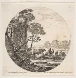 Ilustracja 4: stolica koryncka na ziemi po lewej stronie, pomnik z postaciami w niskiej re..., ca. 1646.