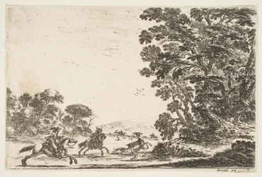 Tablica 4: polowanie na jelenie, dwóch jeźdźców galopujących w lewo za trzema psami i jeleniem..., 1642.