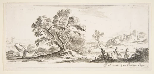 Ilustracja 6: rybak niosący sieć po lewej, dwóch jeźdźców w strumieniu po prawej, drzewo..., ok. godz. 1641.