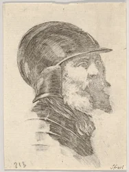 Ilustracja 6: głowa starego brodatego żołnierza w hełmie w prawo, z książki Różne głowy..., s. 1650.