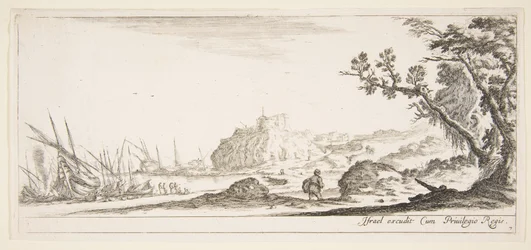 Ilustracja 7: różne łodzie na brzegu po lewej stronie, mężczyzna niosący torbę, widziany z tyłu i w..., ok. godz. 1641.