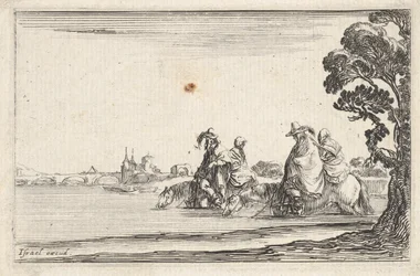 Tablica 8: po prawej dwóch jeźdźców w kapeluszach, każdy z siedzącą za nimi kobietą, jadący w..., ca. 1642.