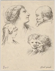 Ilustracja 9: pięć głów, dwie młode kobiety po lewej, brodaty mężczyzna po prawej, młoda kobieta, ca. 1649.