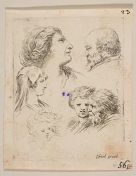Ilustracja 9: pięć głów, dwie młode kobiety po lewej, brodaty mężczyzna po prawej, młoda kobieta, ca. 1649.